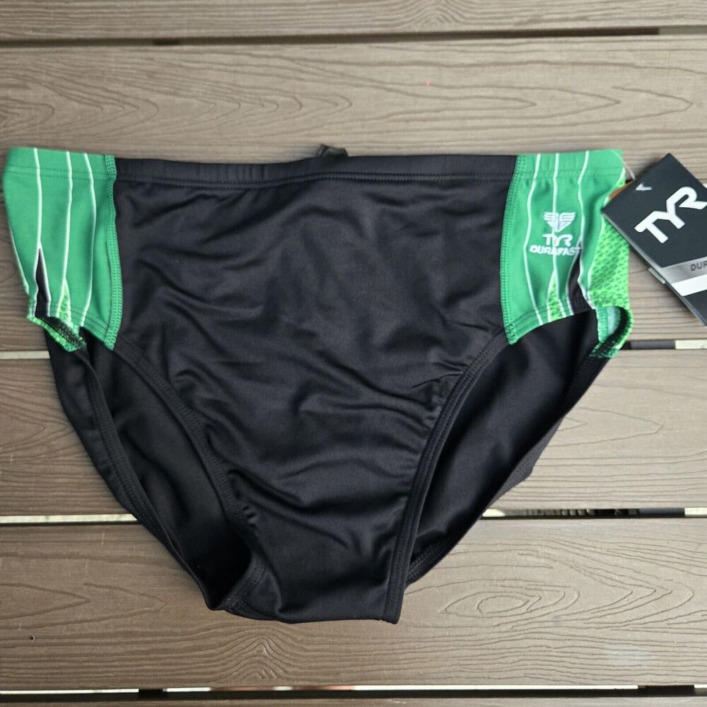 New TYR Men's Durafast Elite Phoenix Swim Racer Brief Black/green SZ 32 New
